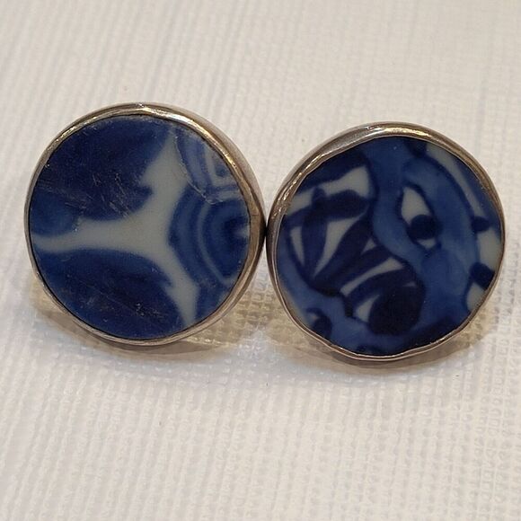 Vintage Asian Style Blue Pierced Earrings Sterling Silver Stamped 925 | 3/4 in - Picture 1 of 15
